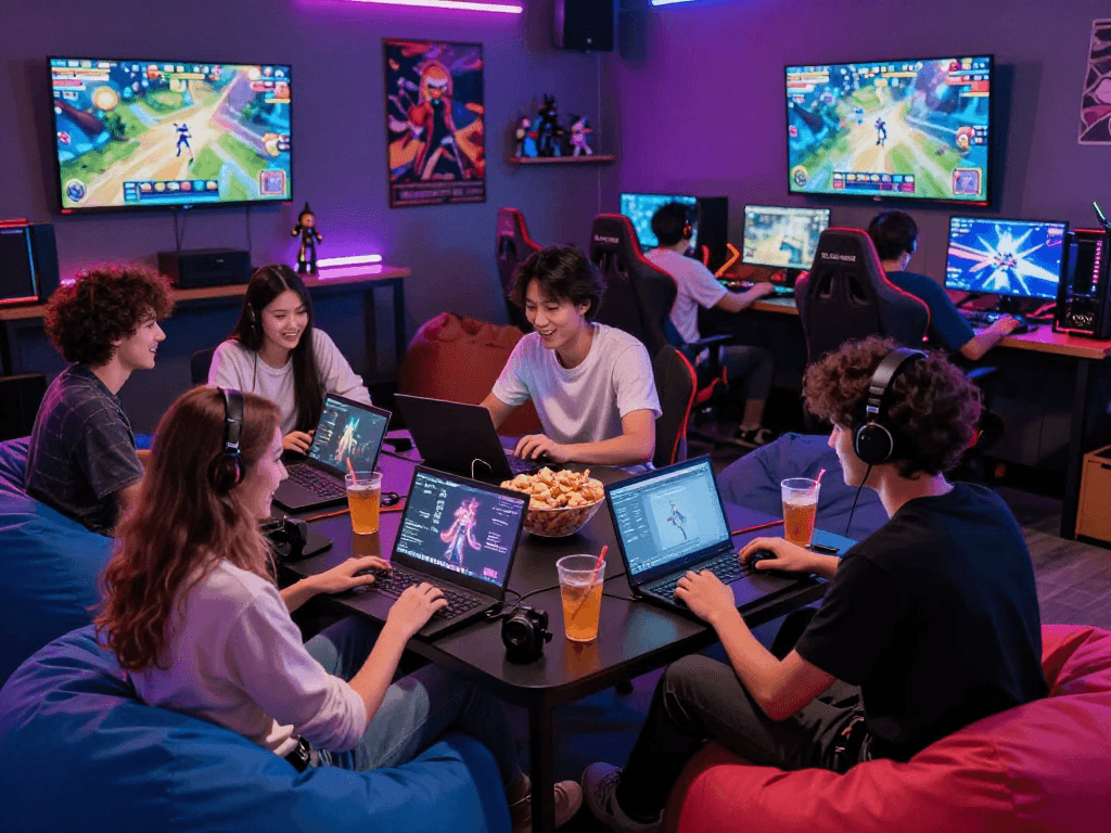 Players enjoying online porn games in a vibrant gaming lounge with dynamic graphics and a lively atmosphere.
