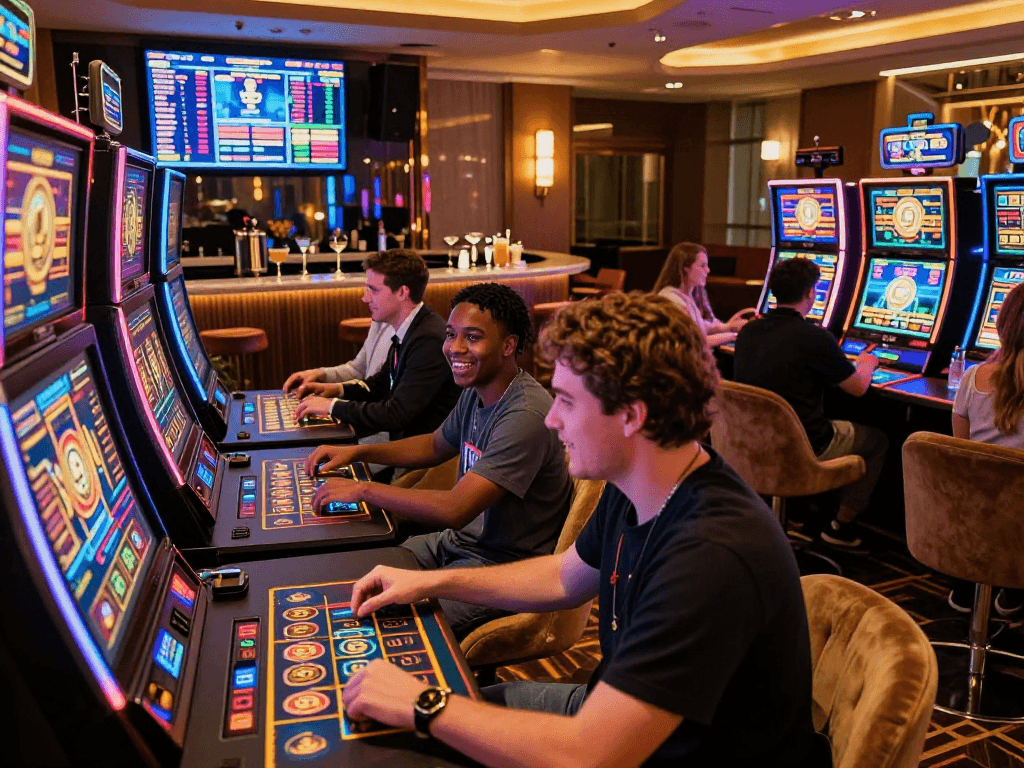 Engaging crypto casino lounge with players at advanced gaming machines, showcasing vibrant atmosphere and cryptocurrency excitement.