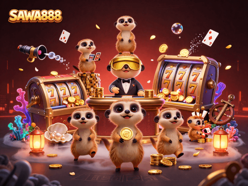 Engage in thrilling gameplay at SAWA888 featuring cartoon meerkats operating an exciting casino.