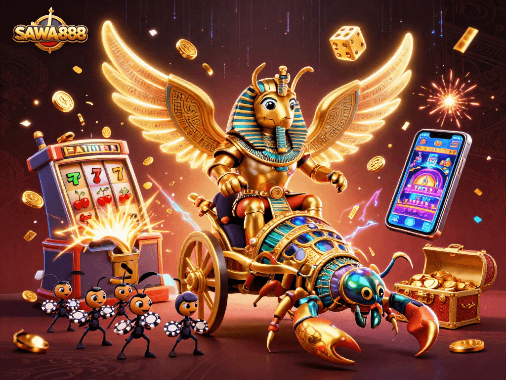 Spin to win at SAWA888 with golden scorpions, a jackpot machine, and vibrant casino elements!