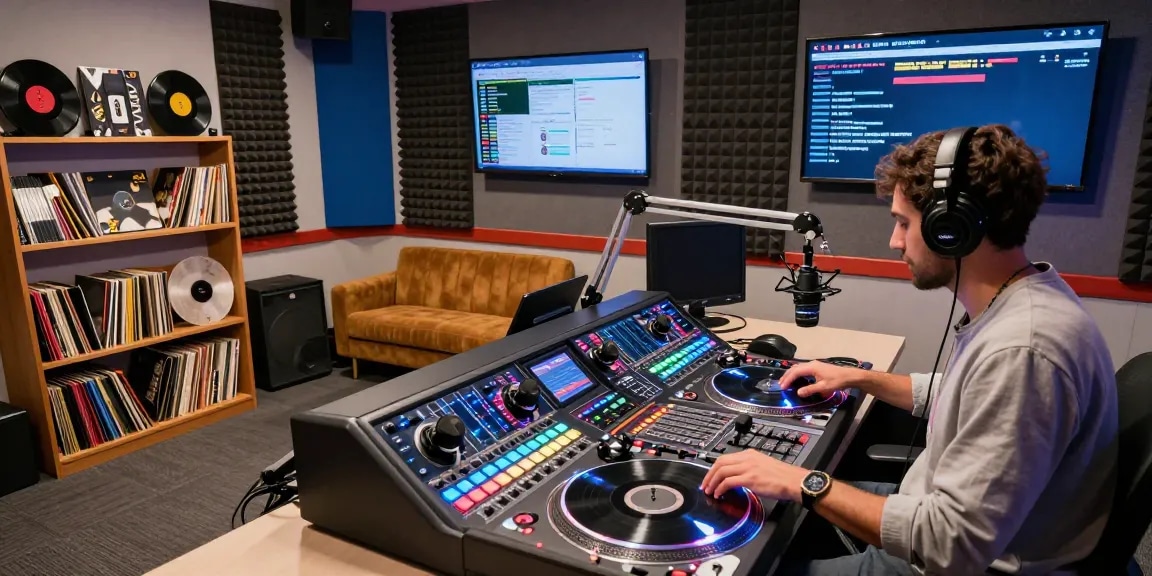 radio station order in an energetic studio with a DJ mixing tracks