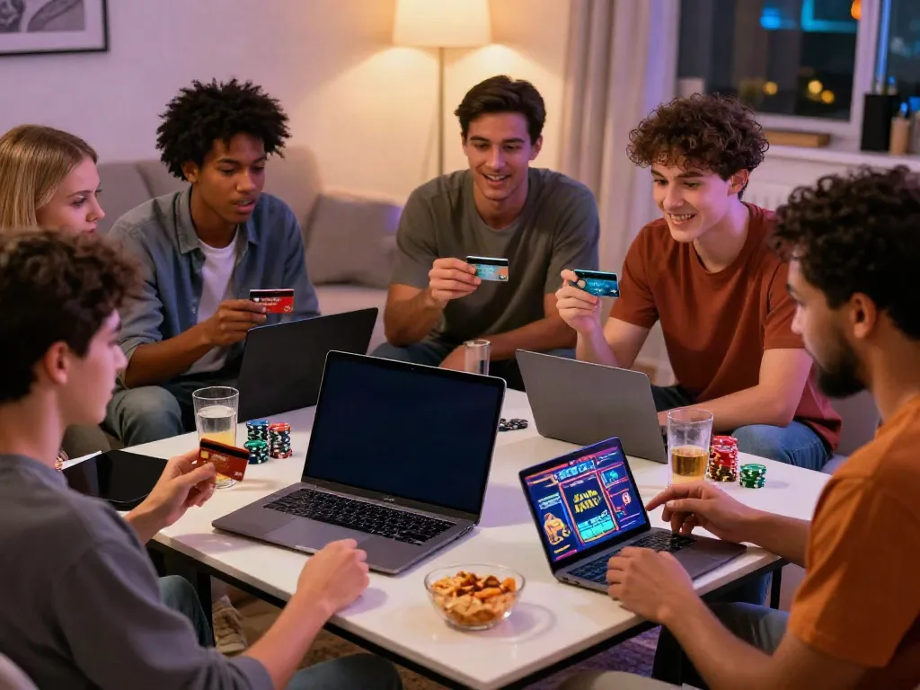 Diverse friends enjoying an engaging session of credit card casinos in a lively living room.