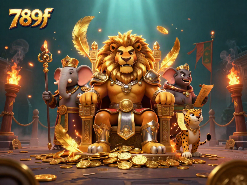 Experience thrilling gameplay at 789f Casino with a lion king on his gold throne amidst a dynamic gambling scene.