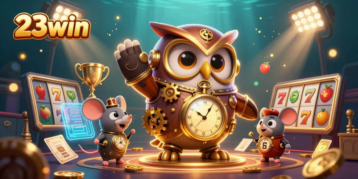 Engage with 23win's vibrant casino experience featuring a time-traveler owl and interactive slot elements.