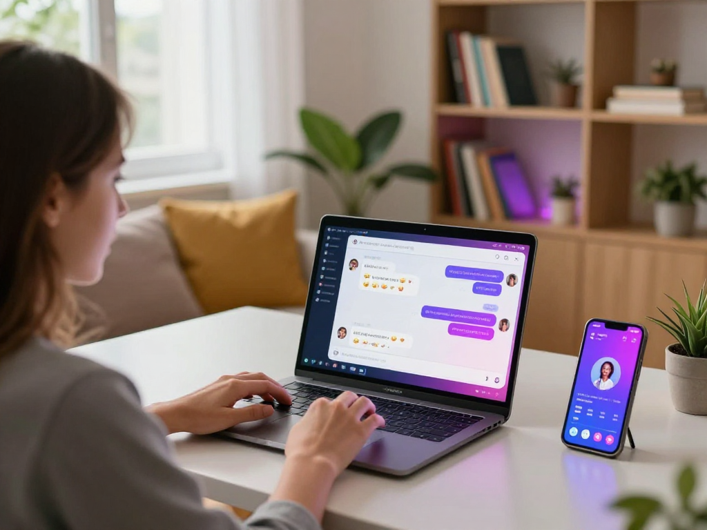 Engaging in sex chat AI conversation at a modern workstation with vibrant chat interface.