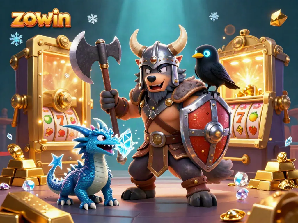 Unleash your winnings with the vibrant zowin slot-themed illustration featuring a Viking warrior, dragon, and treasures.