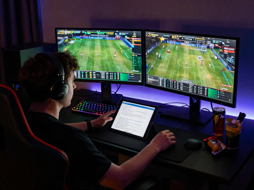 Engaged player in thrilling online betting scene focusing on 토토사이트 검증 먹튀스팟, showcasing sports odds on monitors and gaming setup.