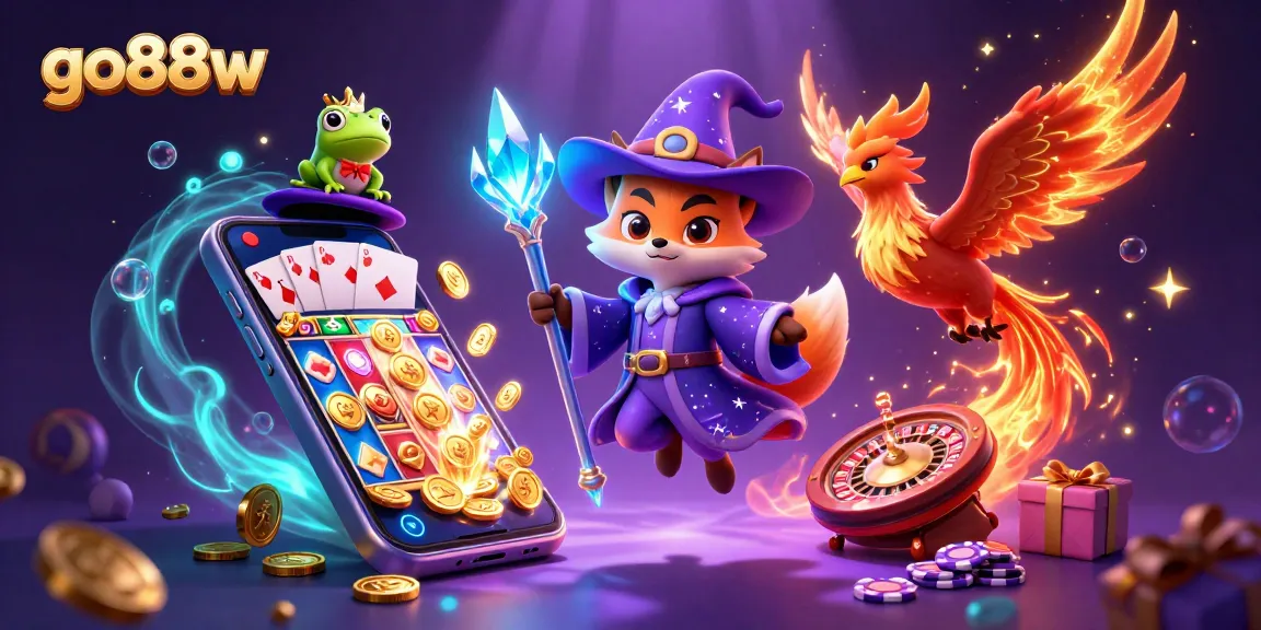 Experience excitement at go88w with a mystical wizard fox and phoenix among lively casino elements.