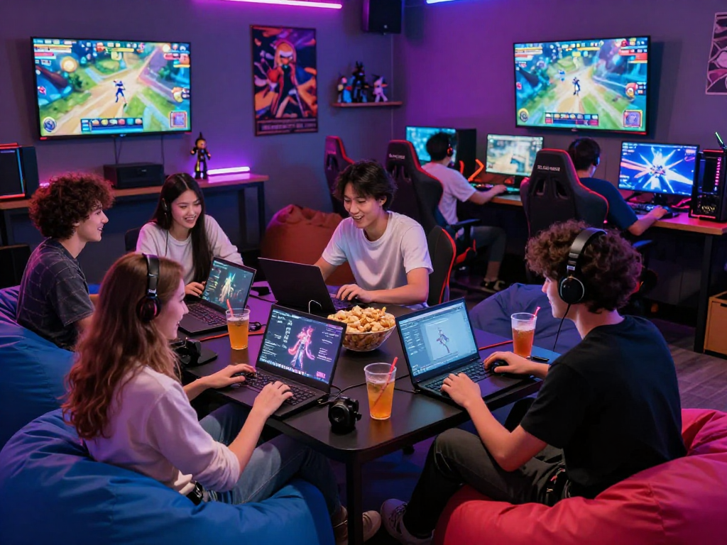 Players enjoying online porn games in a vibrant gaming lounge with dynamic graphics and a lively atmosphere.