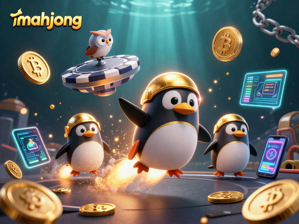 Spin the mahjong reels with a dynamic and vibrant casino illustration of a penguin in space.