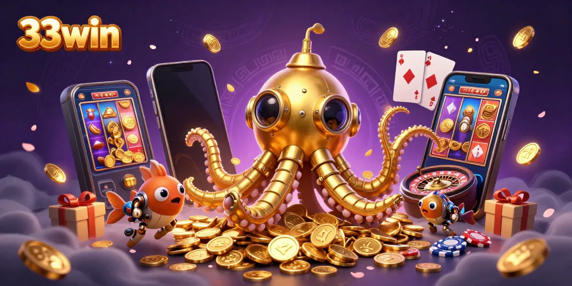Engage in gaming with 33win's vibrant casino scene featuring a kraken submarine and colorful slots.