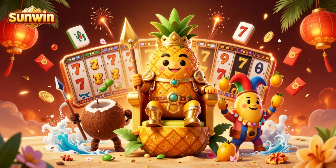 Experience thrilling sunwin slots with the golden pineapple king and dynamic casino elements in this vibrant scene.