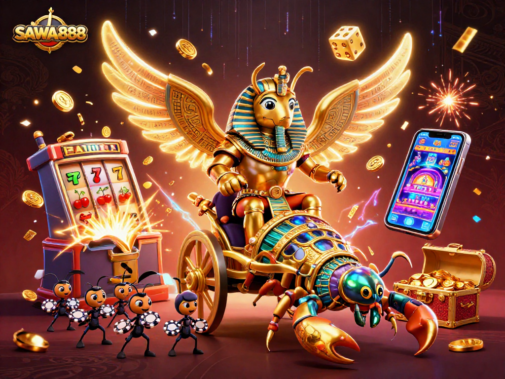 Spin to win at SAWA888 with golden scorpions, a jackpot machine, and vibrant casino elements!