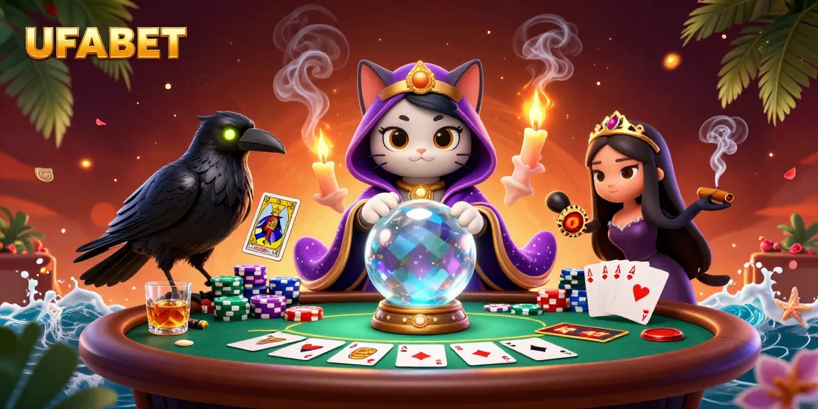 UFABET online gambling scene showcasing a mystic fortune teller cat, a tarot raven, and vibrant poker elements.