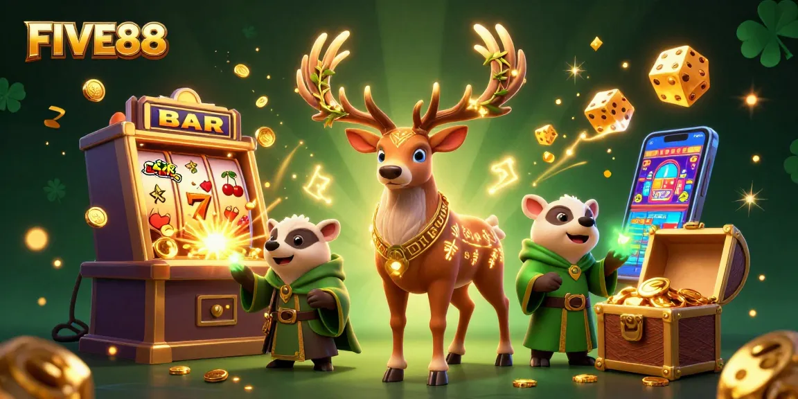 Engage with FIVE88's thrilling casino world featuring vibrant characters and explosive slot action.