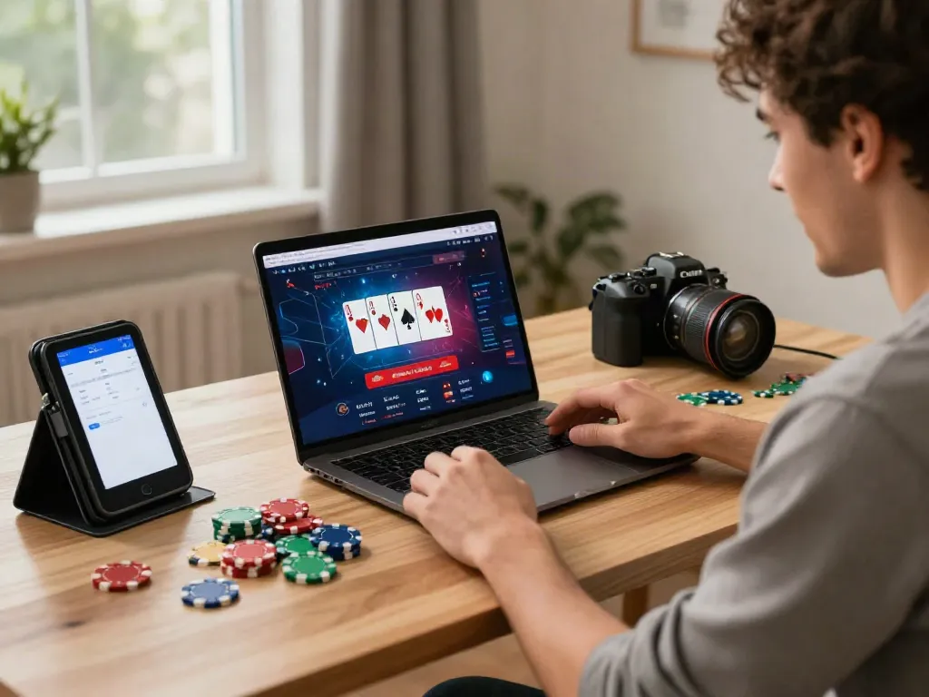 Player enjoying a credit card casino experience in a vibrant home office.