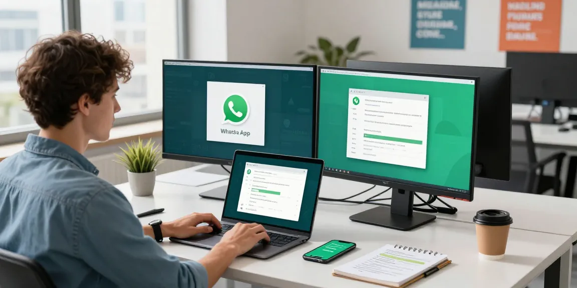 Utilizing WhatsApp下載 on a sleek modern workspace with dual monitors.