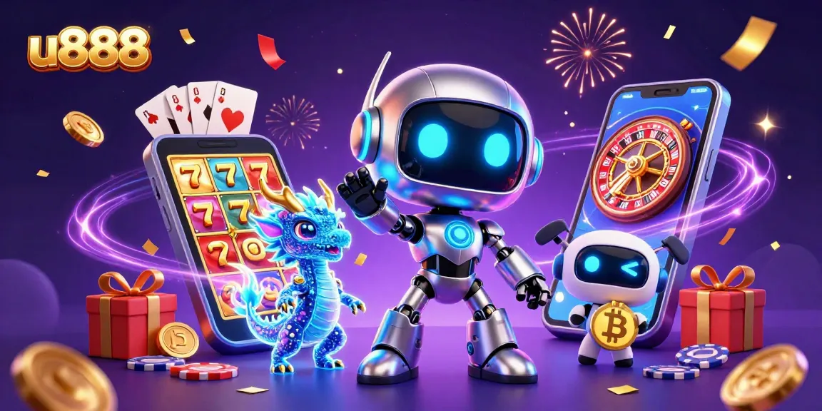 Engage in thrilling gameplay with u888's vibrant casino scene, showcasing robots, slots, and gaming excitement.