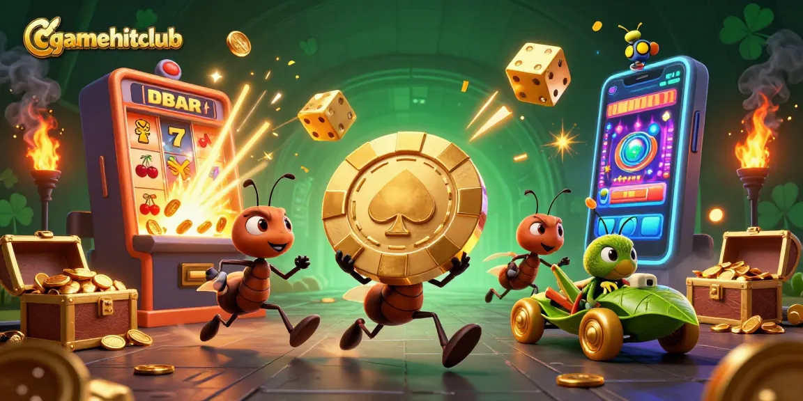 Experience the excitement of gamehitclub with ants heisting a giant poker chip amidst vibrant casino elements.