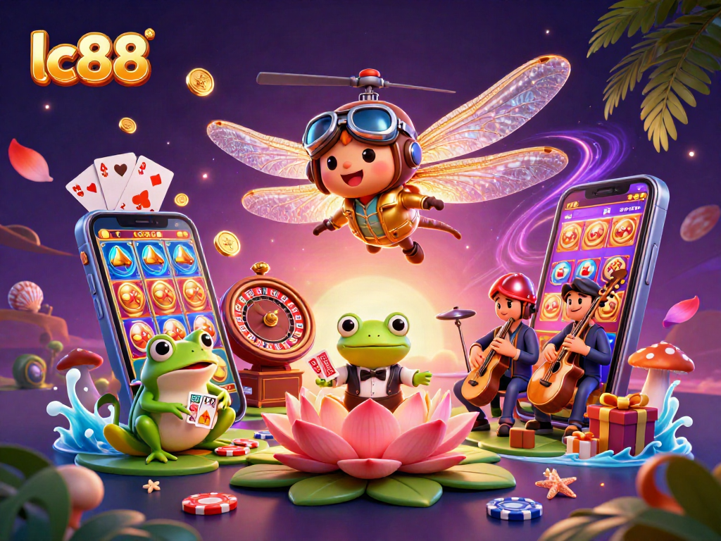 Engage in exciting gambling with lc88 at a colorful lily pad casino featuring unique characters and gaming elements.