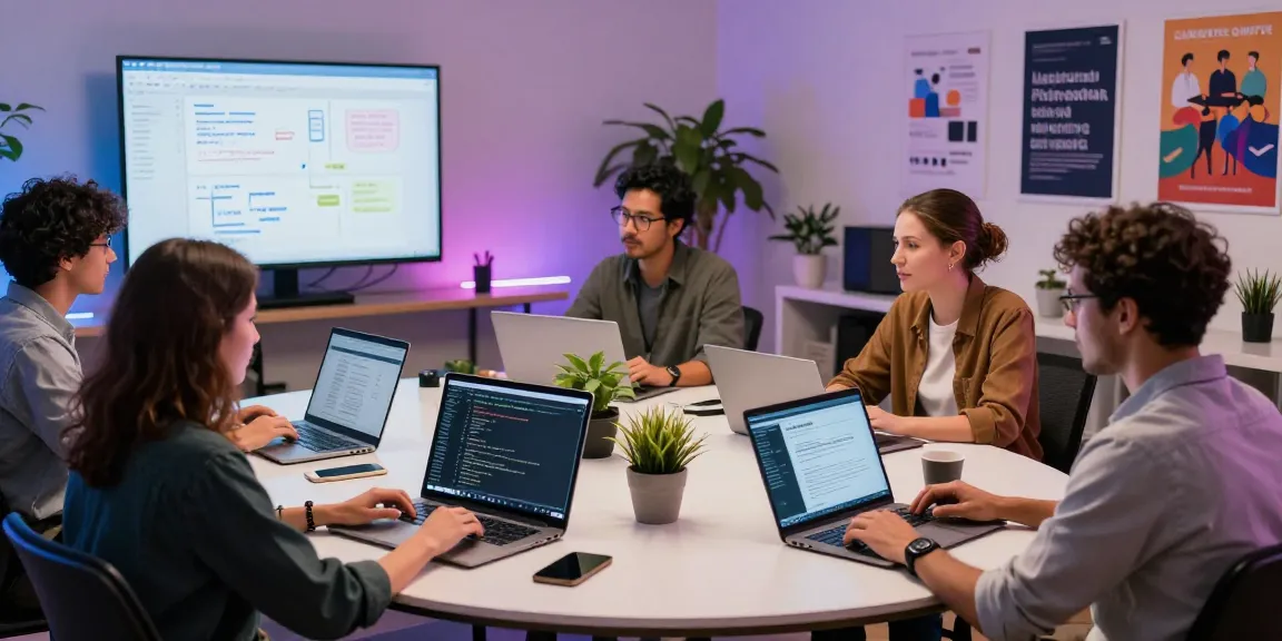 Developers collaborating in a tech workspace utilizing large language models for innovative software solutions.