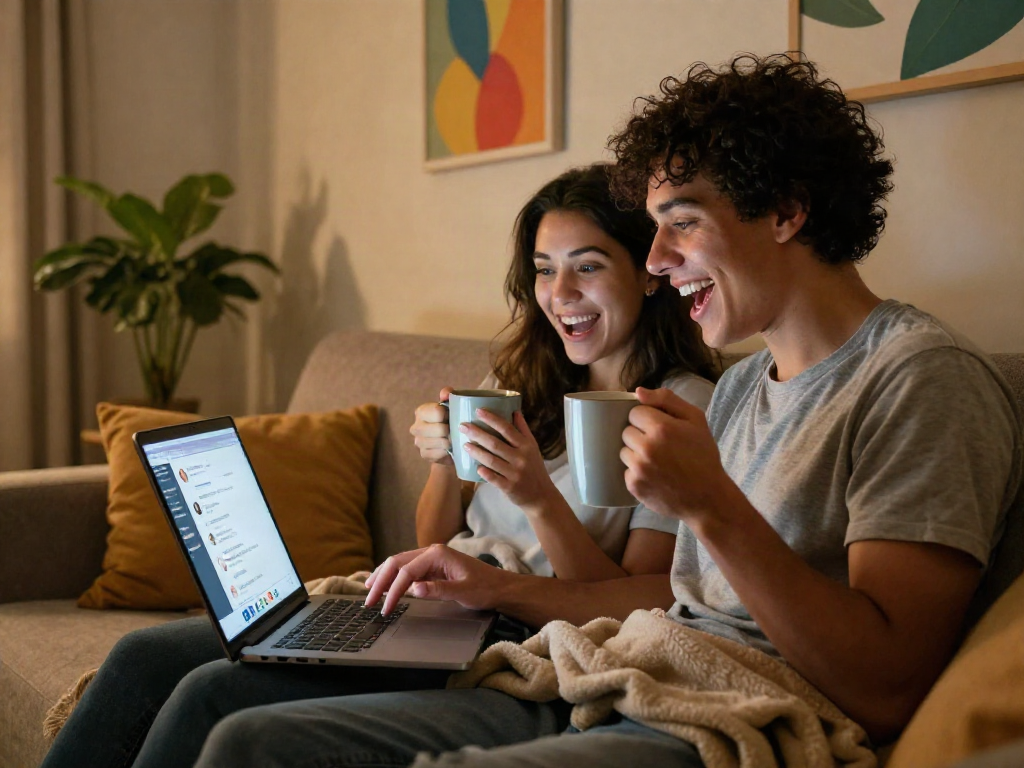 Young couple in a cozy home setting engaging in sex chat ai on laptops.
