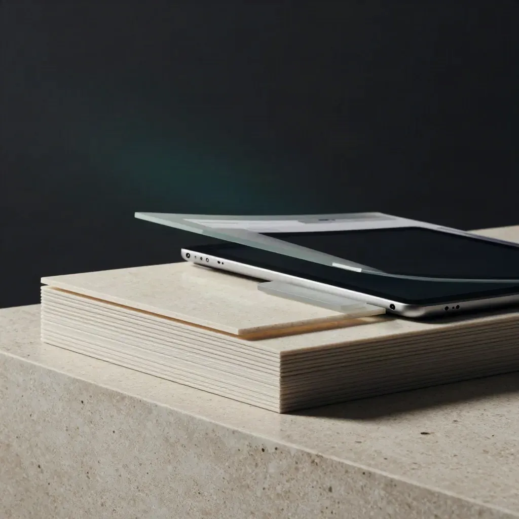 Stacked website page boards, frosted tabs and a closed tablet on travertine in moody light.