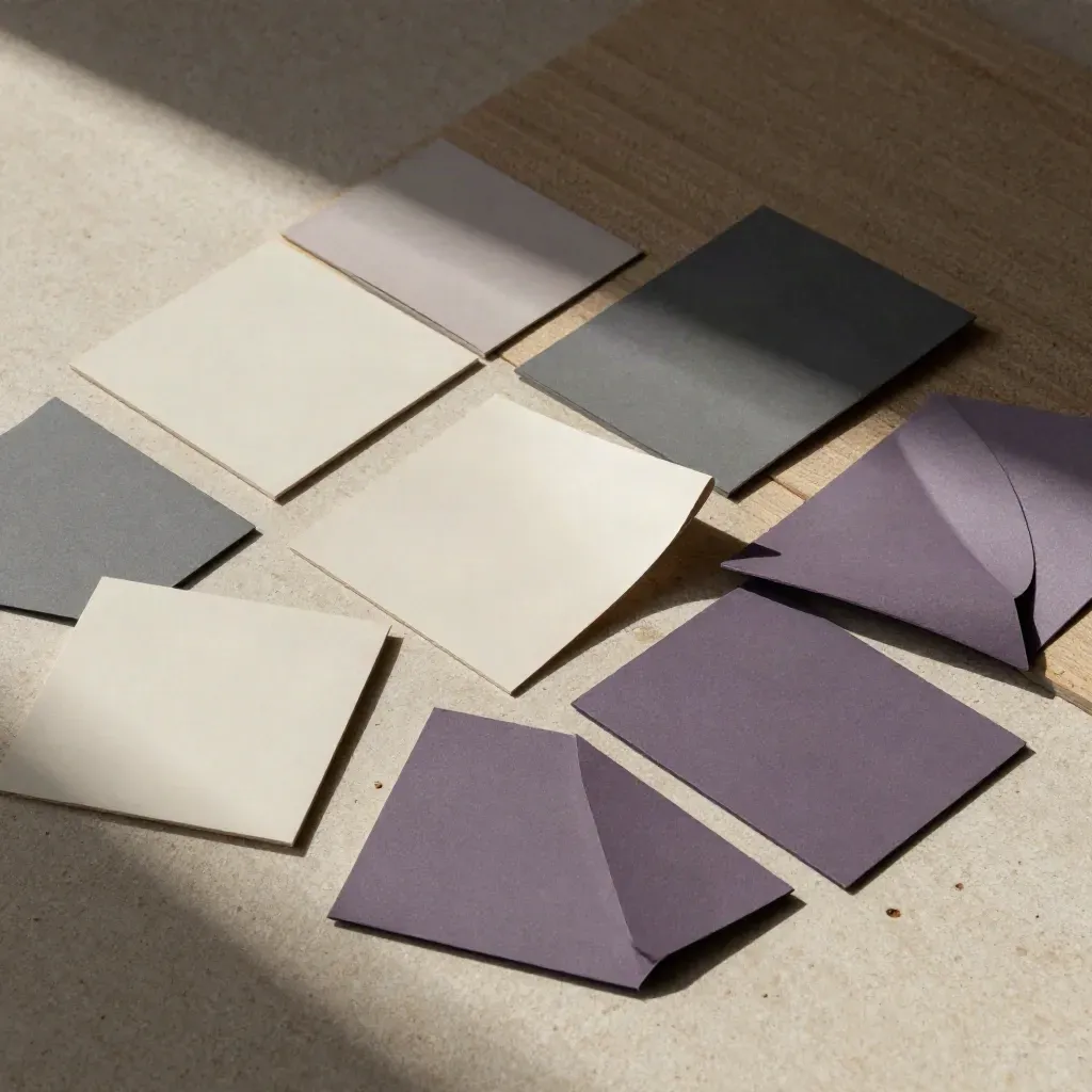 Overhead flat lay of identity system boards, swatches, and folded packaging sleeves in muted neutrals.