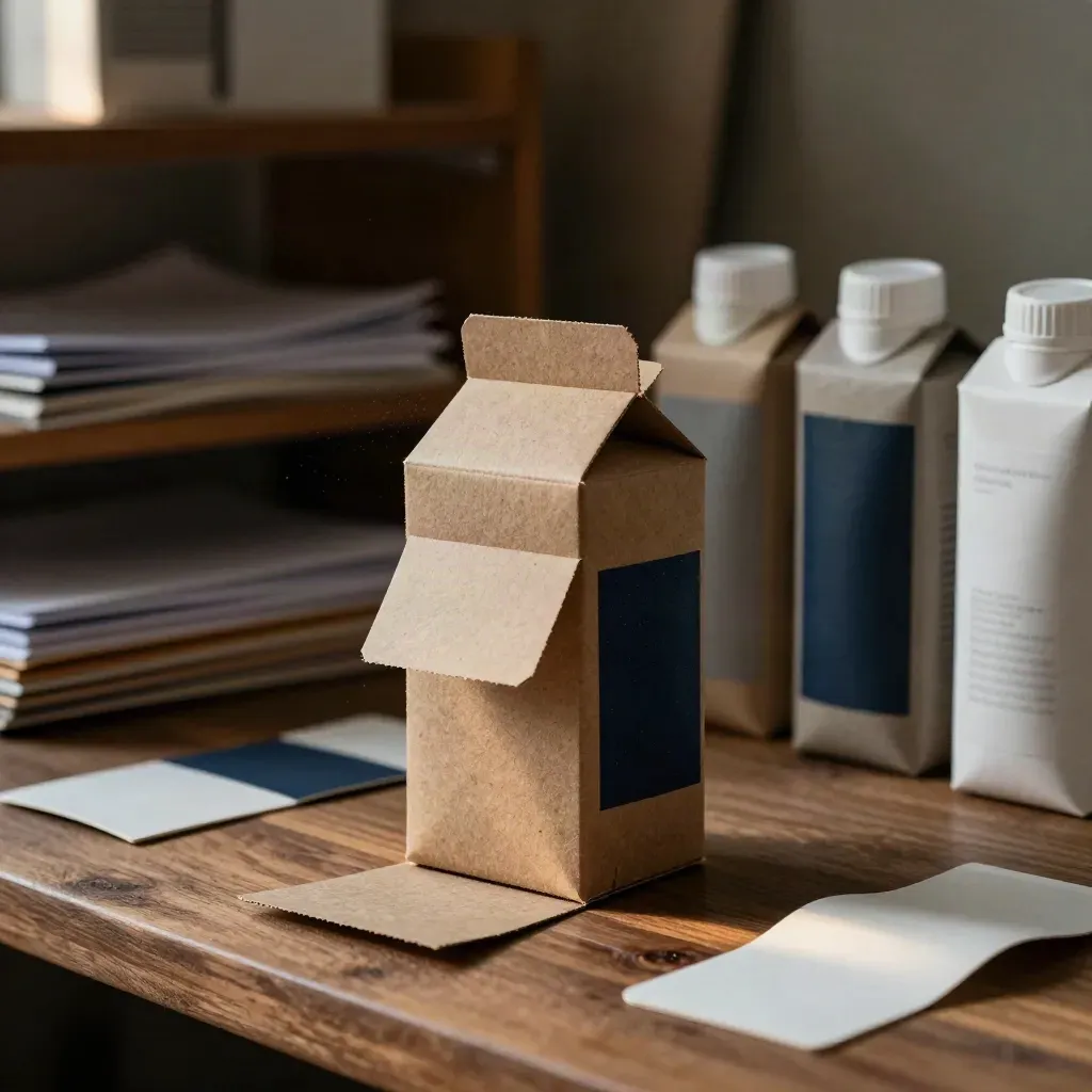 Macro of packaging mockups on a walnut workbench with one sleeve open