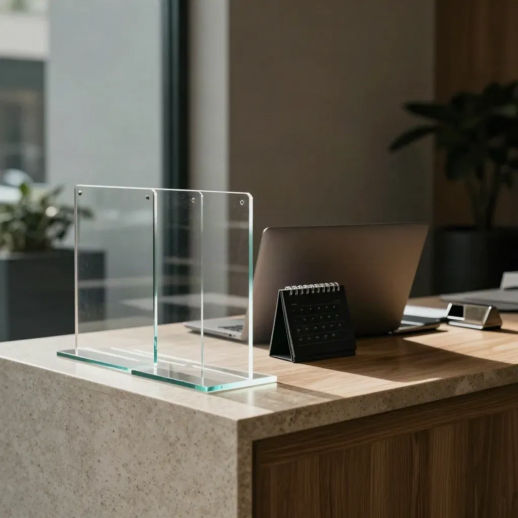 Startup reception display with acrylic page panels, closed laptop, and calendar block.
