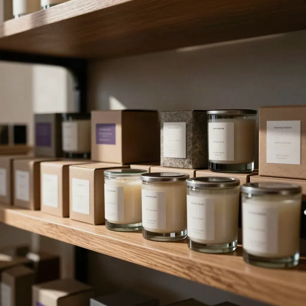 Retail shelf with boxed candles, wrapped sample jars, and mockup labels in warm natural light.