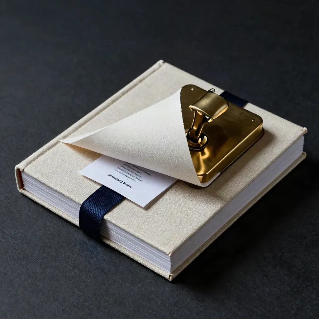 Top-down pitch deck sleeve, brass paperweight and folded packet on a studio surface.