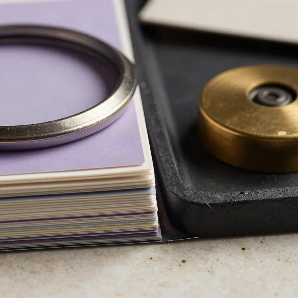 Macro still life of colour chips, swatch ring, and brass paperweight on a charcoal tray.