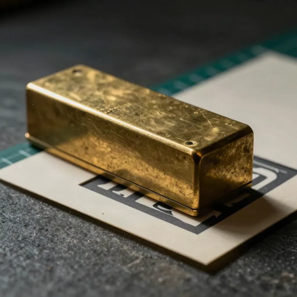 Brass type block, bone folder and cutting templates on dark stone with teal accents.