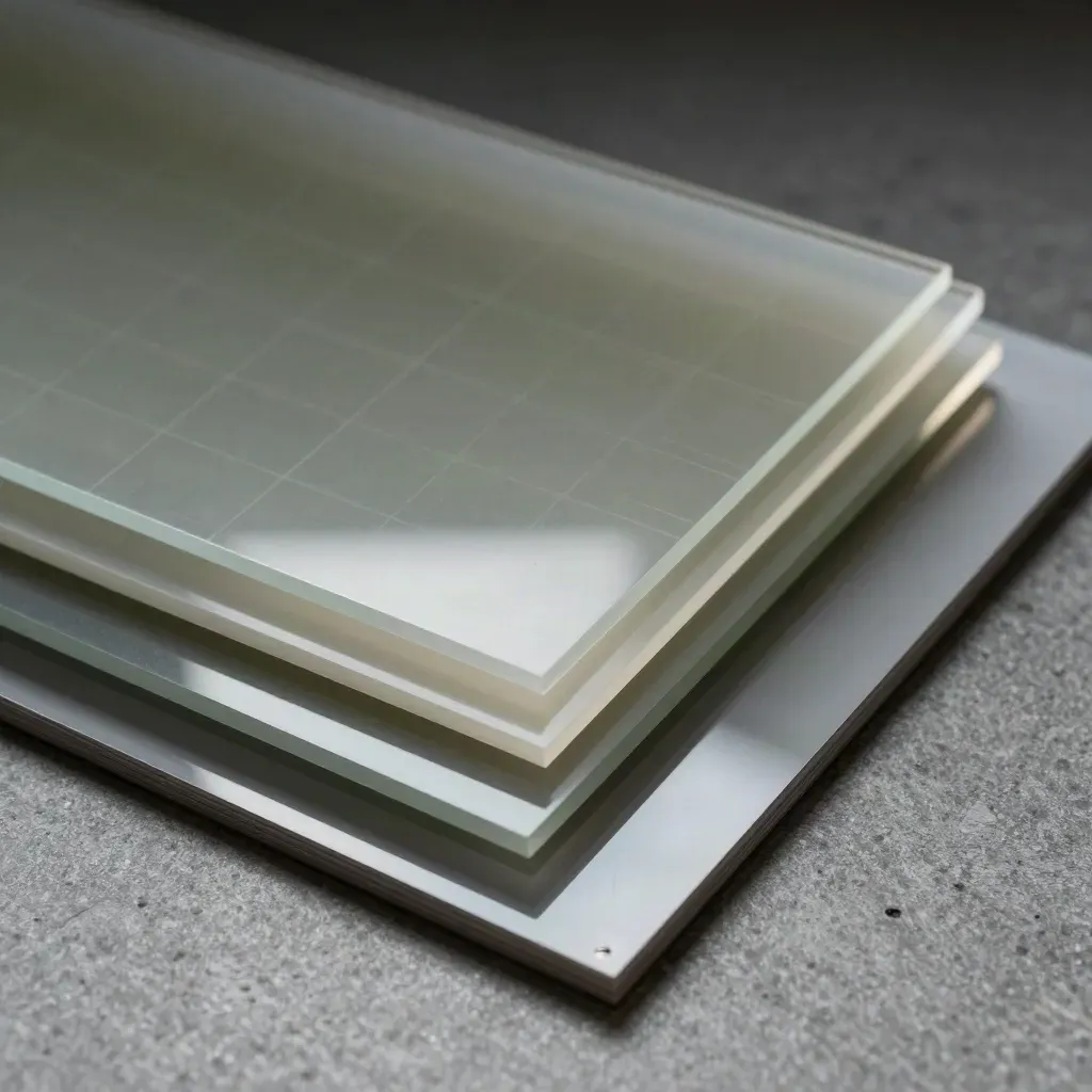 Macro of translucent layout films, frosted grid cards and a glass tile on a stone proofing surface.
