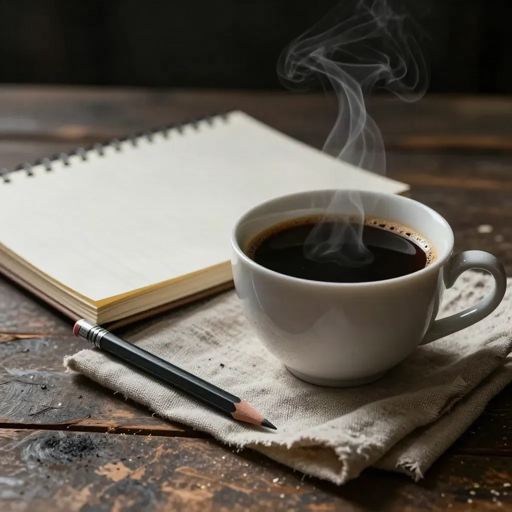 Black coffee, pencil, and closed notebook on linen in a quiet copywriting still life.