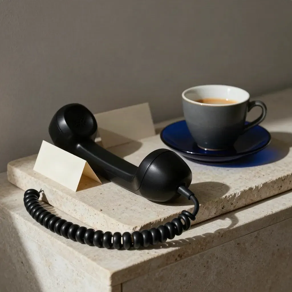 Black corded handset on stone tray beside a cream card and espresso cup, softly lit.