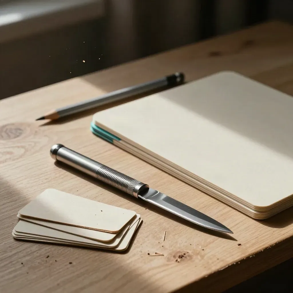 Precision knife, card offcuts, pencil stub and blank mockup board on a pale wood studio bench.
