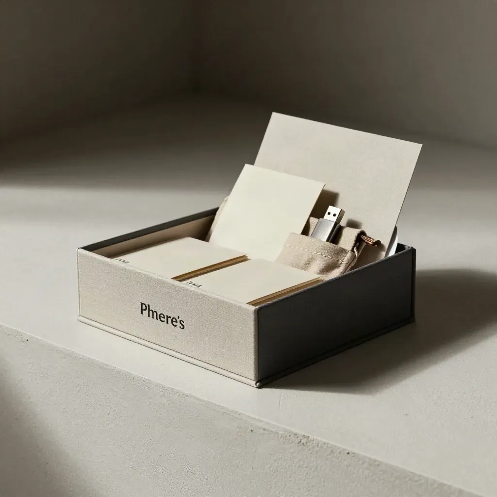 Archival launch box with folded cards, USB pouch, and sleeves on plaster sweep
