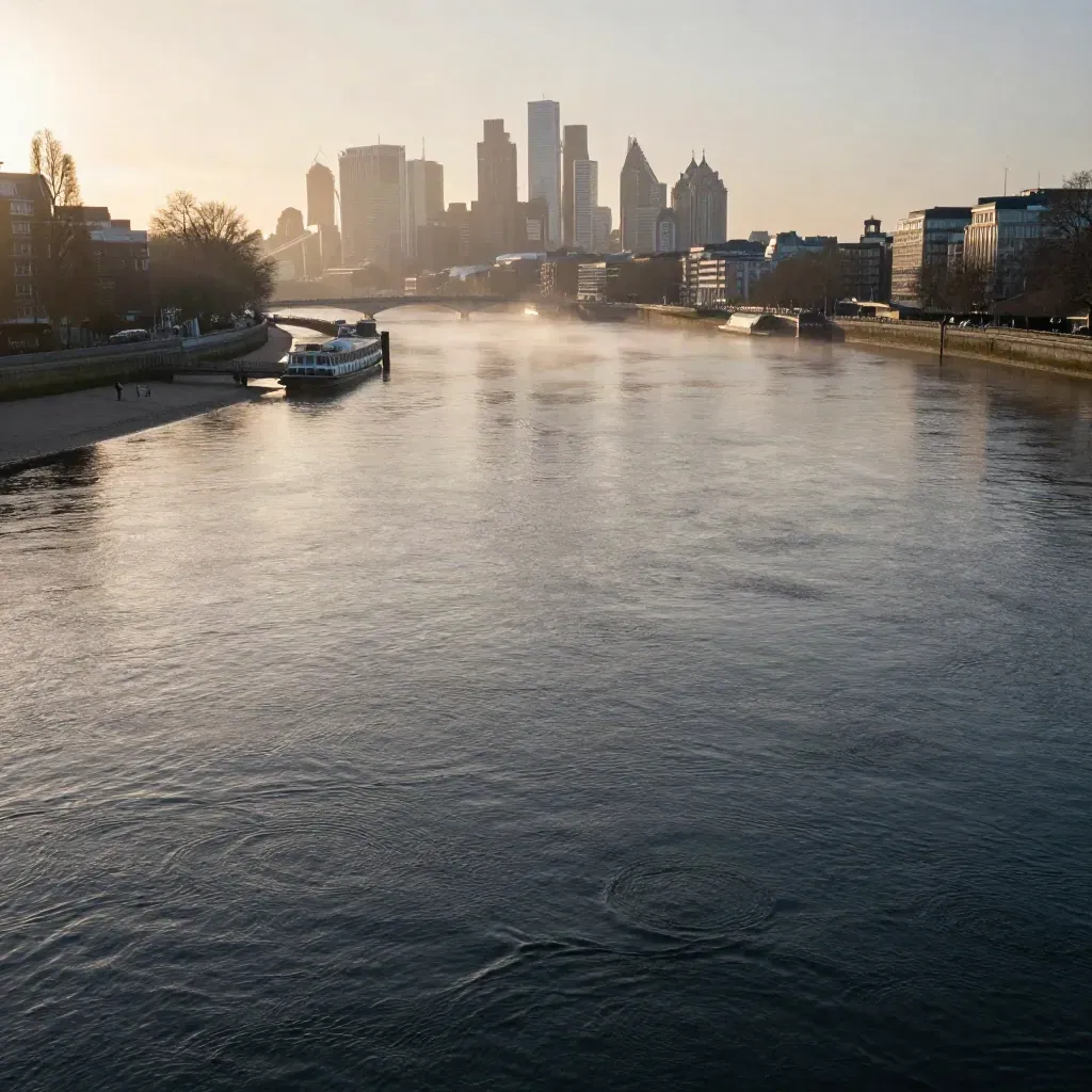 Thames and South Bank skyline in dawn mist, calm water below for copy