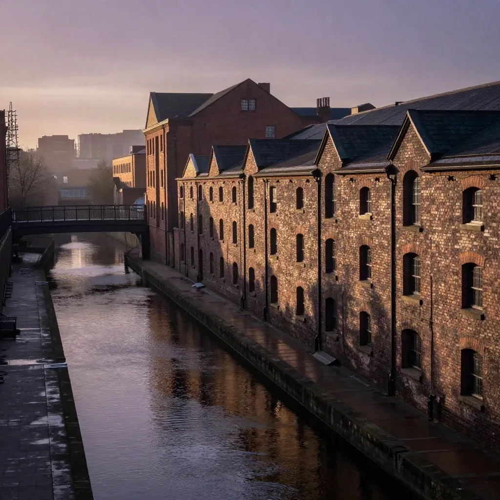 Golden-hour Manchester canals, brick warehouses and viaduct under hazy skyline with calm water below.