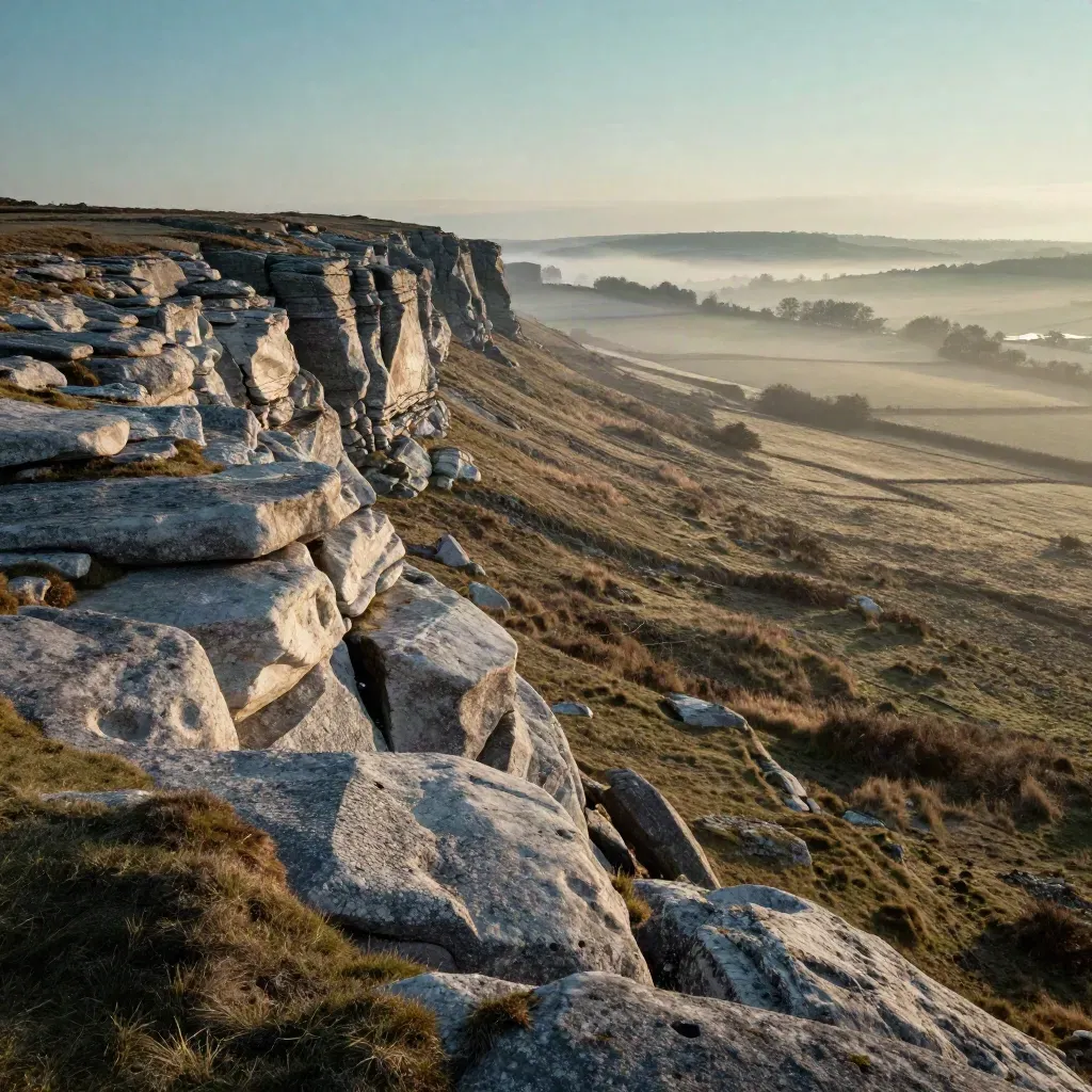 Mist over a Midlands limestone escarpment with distant city ridge and calm fields at dawn