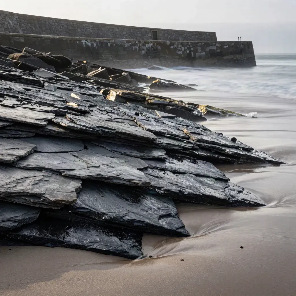 Slate Welsh shoreline with pale surf, stone harbour line, and misty calm space for copy.