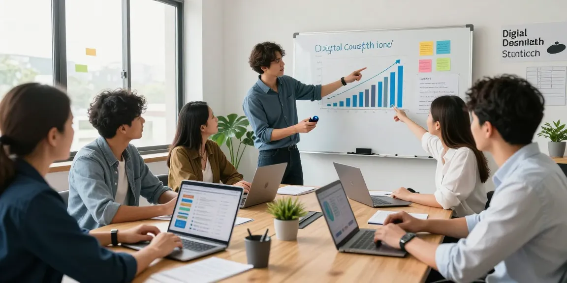 Dynamic team meeting showcasing digital growth tools for small businesses in a modern office.