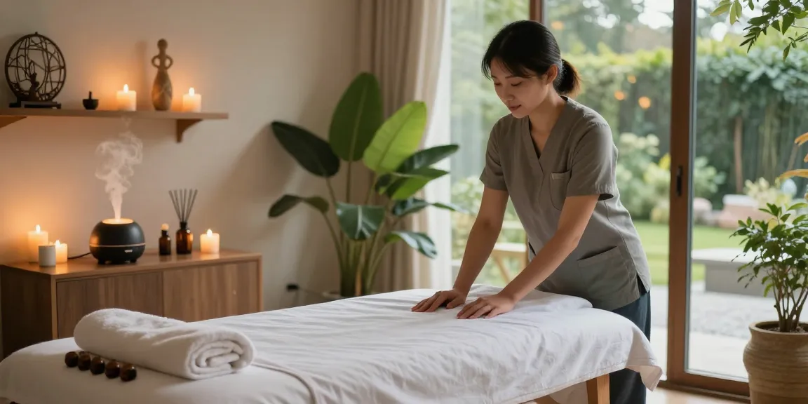 Relaxing 방이동출장마사지 scene with therapist preparing a tranquil wellness space.