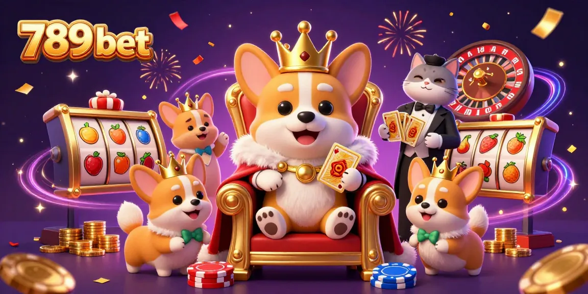 Experience the thrill of 789 bet with vibrant slots and a corgi crown in this colorful casino scene.