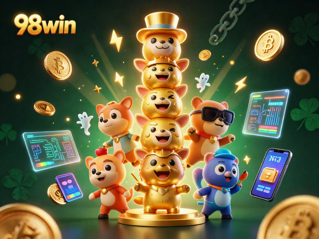 Engage with the vibrant 98win casino atmosphere featuring animated totem and crypto elements.