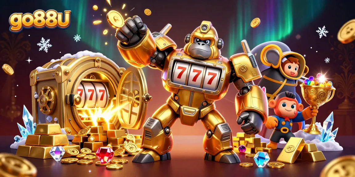 Experience excitement at go88u with a dynamic golden gorilla mech surrounded by treasures and jackpot elements.