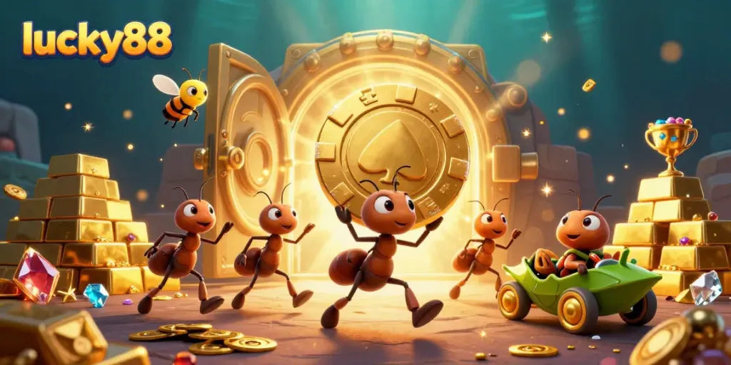 Experience the thrill of lucky88 with a team of ants heisting a giant poker chip in an enchanted scene.