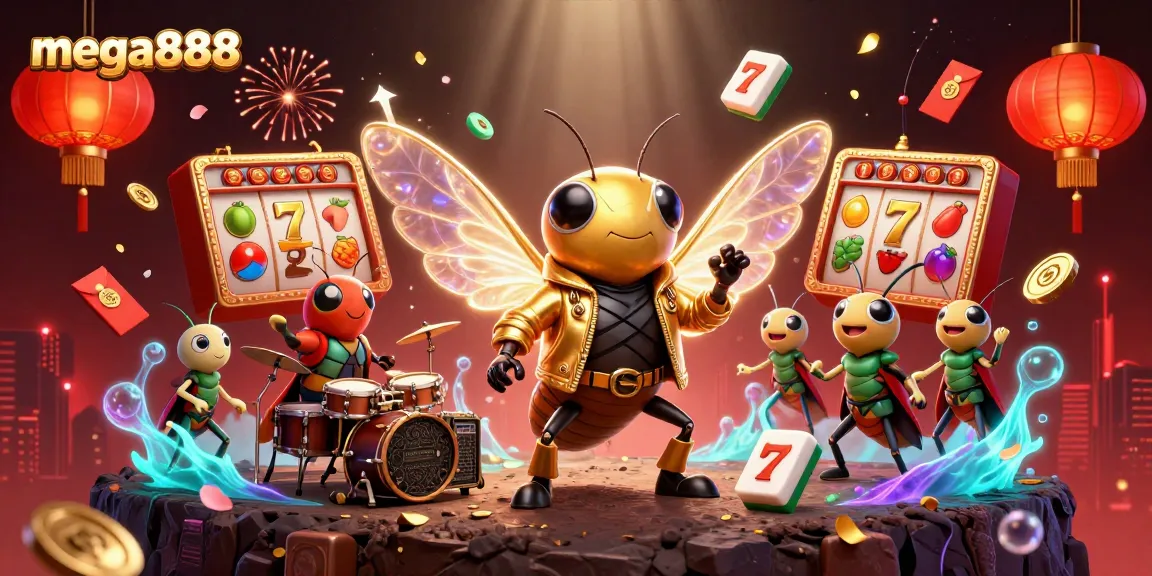 Mega888 slot game scene with a cartoon cicada rock star and beetle drummer surrounded by vibrant casino elements.